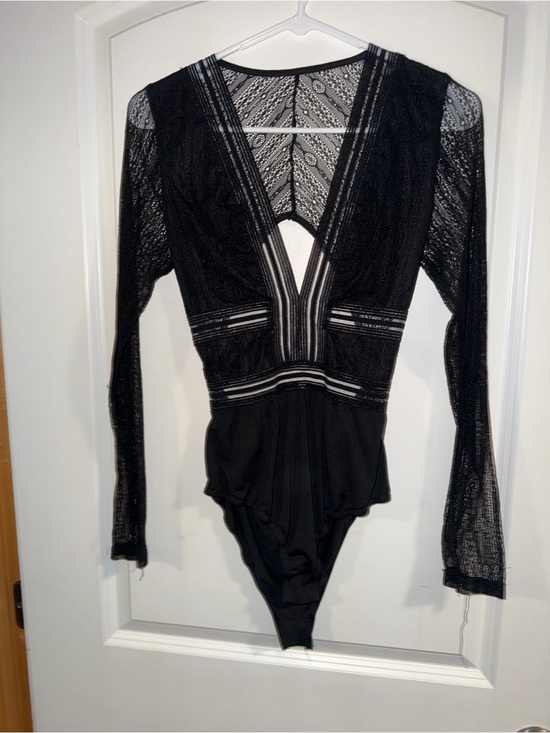 Rebel babe Tops - Black Lace Deep V Long-Sleeve Bodysuit by